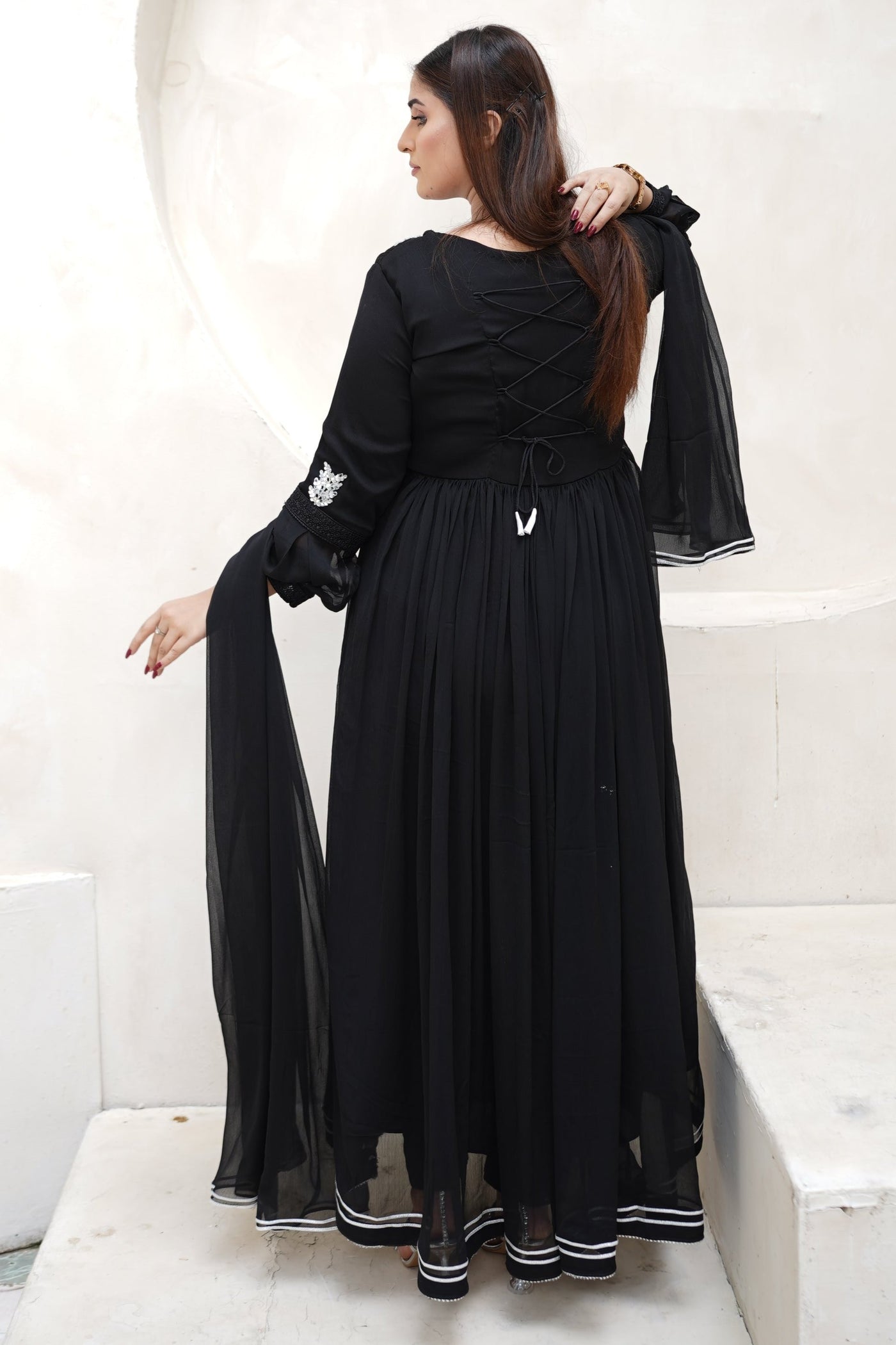 Casual 3-piece stitched long dress Black