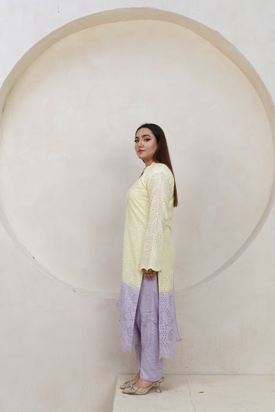 Yellow Chikan Kurti with Lavender Hem (Lavender Dream)