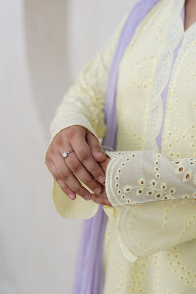 Yellow Chikan Kurti with Lavender Hem (Lavender Dream)