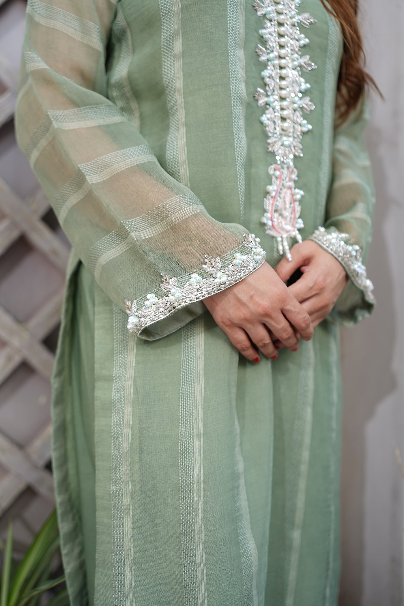 Elegant Green 3-Piece ADDA Peroi Pret Dress with Resham and Pearl Detailing (Hand Made)