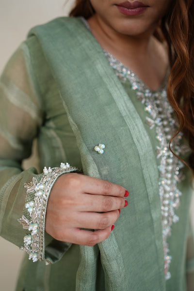 Elegant Green 3-Piece ADDA Peroi Pret Dress with Resham and Pearl Detailing (Hand Made)