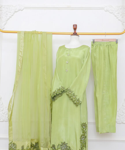 Lime Green Luxury Pret Dress with Embroidered Border | Elegant Pakistani 3 Piece Suit for Women