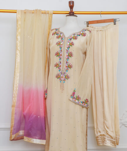 Beige Multicolor Embroidered Luxury Pret Dress with Ombre Dupatta | Designer 3 Piece Suit for Women