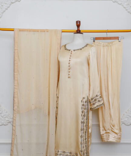 Beige Luxury Pret Dress with Hand Embellished Embroidery | Elegant Pakistani 3 Piece Suit for Women