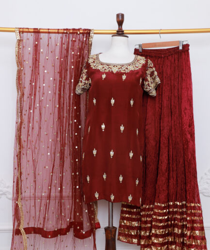 Maroon Velvet Luxury Pret Dress with Heavy Embroidery & Gharara | Wedding Formal 3 Piece Suit for Women