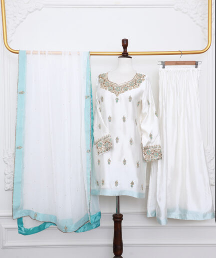White & Aqua Luxury Pret Dress with Hand Embroidery | Elegant Pakistani 3 Piece Suit for Women