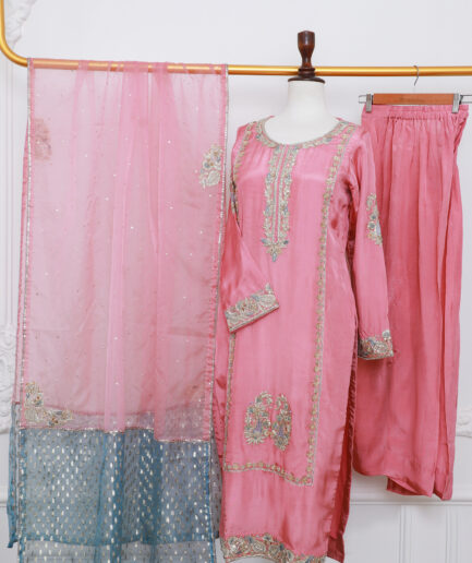 Coral Pink Luxury Pret Dress with Hand Embroidery & Contrast Dupatta | Designer 3 Piece Suit for Women