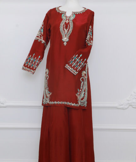 Rust Red Luxury Pret Dress with Hand Embroidery & Wide-Leg Pants | Designer Pakistani Formal Suit for Women