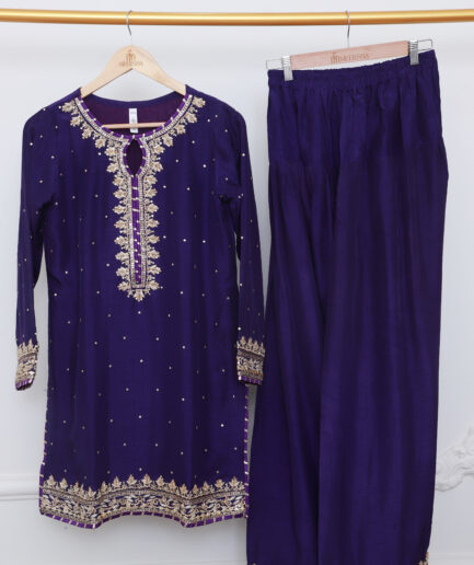 Royal Purple Luxury Pret Dress with Gold Embroidery & Wide-Leg Pants | Designer Pakistani Formal Suit