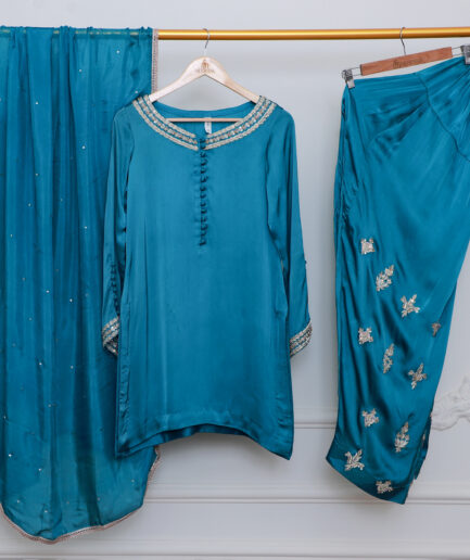 Teal Blue Luxury Pret Dress with Embellished Dupatta & Pants | Elegant Pakistani 3 Piece Suit for Women