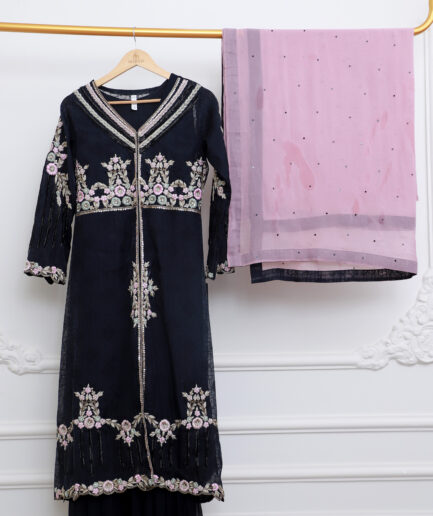 Navy Blue Luxury Pret Dress with Floral Embroidery & Pink Dupatta | Designer 3 Piece Suit for Women